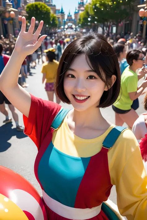 Generate a lively and celebratory art piece featuring a Japanese girl model with a chic bob hairstyle actively participating in a vibrant parade at Disneyland. Capture the excitement and joy in her expressions as she engages with the parades festivities. S...