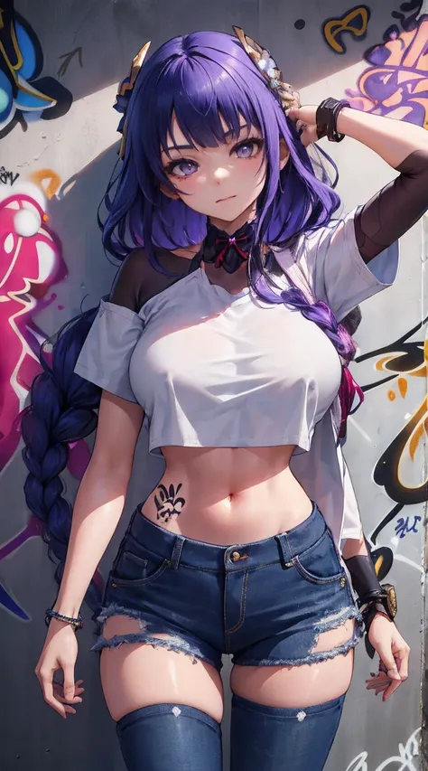 Kujou Sara Genshin Effect, masterpiece, bestquality, 1girls, bara, crop top, Long Jean Jan Shirt, shorts jeans, choker, (Graffiti:1.5), color splashes, arm behind back, against wall, looking at the audience, bracelet, Thigh strap, Head tilt, bored, multico...