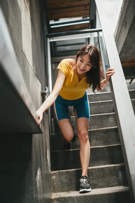 Woman climbing stairs with handstand