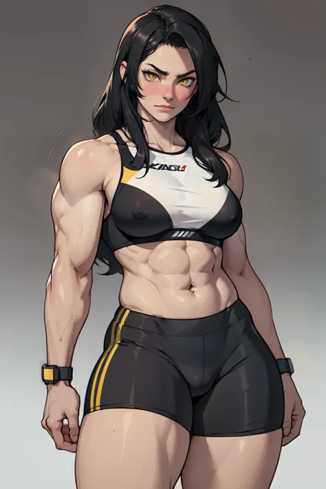 ((1girl)) pale skin large breasts (muscular) toned body thick thighs black hair yellow eyes (long hair) bodybuilder blushing (seductive expression) best quality perfect anatomy compression bra bike shorts best quality 8k UHD