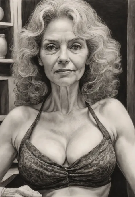 sketching，character sketch，Black and white painting,Sharpen, intaglio, closeup cleavage, Best quality, Ultra-detailed, Photorealistic 1.4, Super detailed skin, Natural hair color, (1 American woman), 66 years old，(Solo),traditional garb