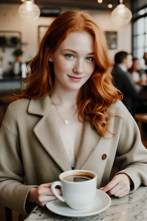 1girl in, age19, Solo, Aesthetic artwork, irish redhead, wavy ginger hair, shoulder length ginger hair, gray eyes, light grey eyes, some small freckles, pale skin, B-cup, medium sized breasts, runners body, detailed skin texture, sitting in a coffee shop, ...