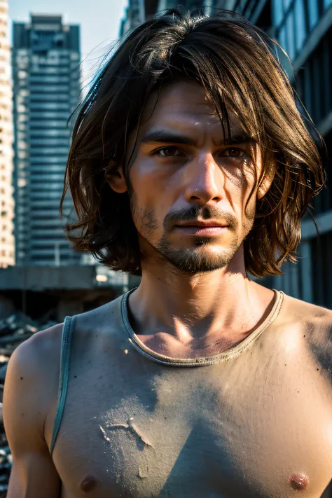 Raw photo, Brutal 45 Y close-up portrait photo.Man in the clothes of the wasteland, Long haircut, pale skin, Slim body, background is city ruins, (High detailed skin:1.2), 8K UHD, Digital SLR, Soft lighting, High quality, Film grain, FUJI XT3