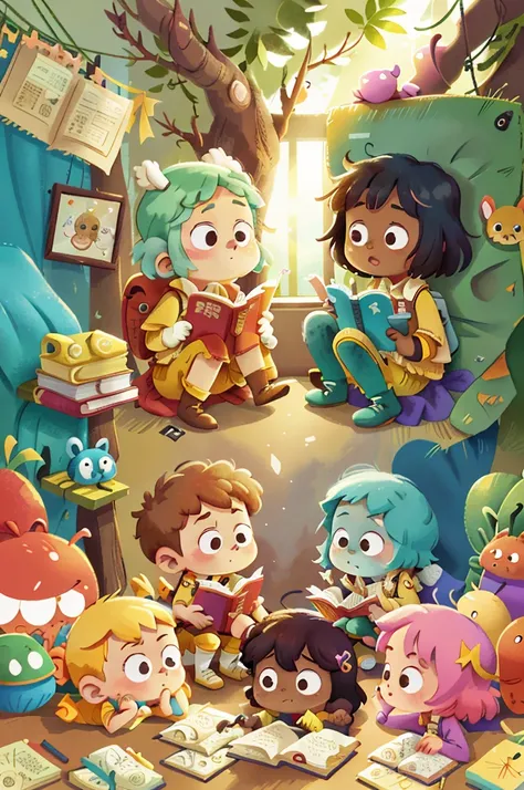 Butters and her friends find the treasure: a room full of books of all shapes and sizes.
They marvel at the diversity of stories and share reading moments together.