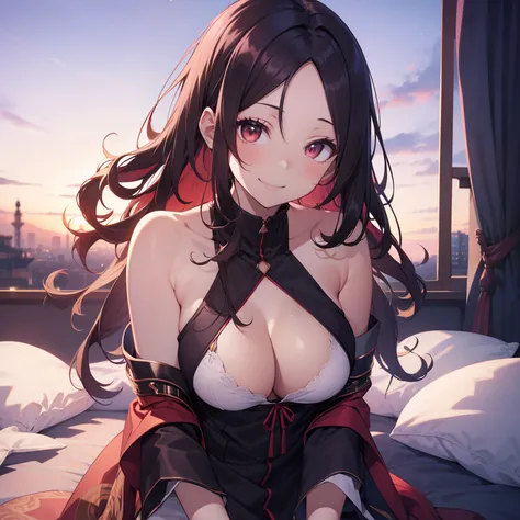 (masutepiece,Best Quality,8K),(extremely detailed CG1.1),teens girl,Smile,large boob,(From below:1.2),Intricate details , Hyper realistic, Perfect Anatomy,A dark-haired,Red Eyes,(((Forehead))),Permed hair with wavy hair,(((length hair))),Hair over one eye,...