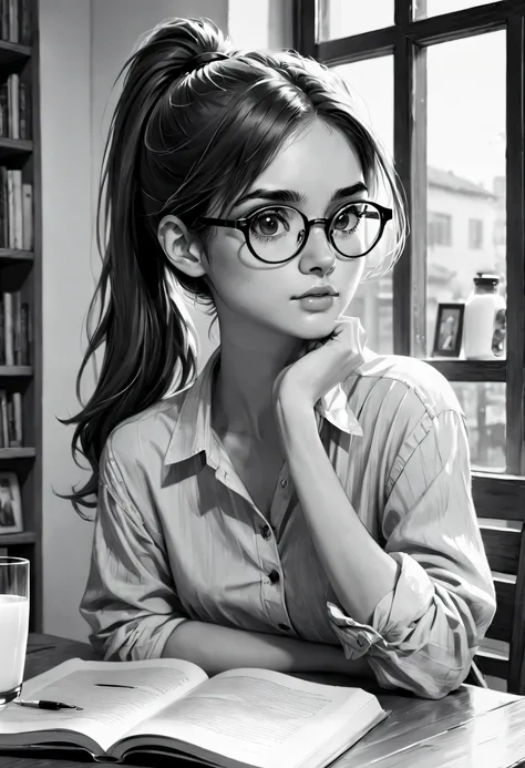 (sketching)，(character sketch)，(Black and white painting),20 year old woman， long whitr hair， Short ponytail， thin frame glasses， Thinking face， （Wear an open button shirt， Medium breasts with）， Sat down， Learn， BREAK BREAK BREAK， lying on the table， penci...