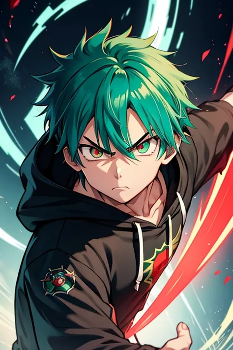 anime boy, with turquoise hair, red and green eye, angry face, black hoodie, trigger anime artstyle, an epic anime of a small strong man, best quality, 8k, fanart, fighting stance energy, flying from fired planet, sword in right hand