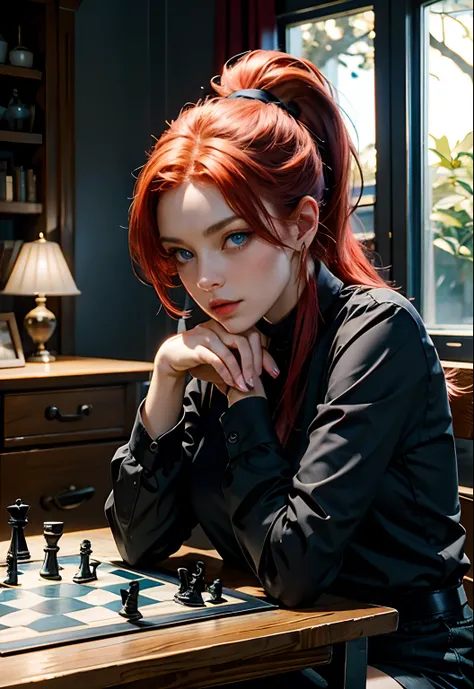 Beautiful woman with blue eyes, red hair, ponytail, black blouse and black shorts, playing chess at a table