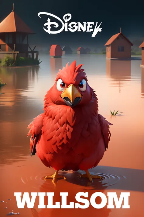 A closeup of a red bird in a puddle of water, irritado 8 k, Representado como um personagem da Pixar, Pixars Renderman rendering, arrogant expression, renderizado no Unreal Engine 5, foto de perfil 1024px, Renderman da Pixar, Criado em Unreal Engine 5, Elm...