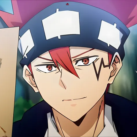 anime character with red hair and black hat with white and red eyes, otaku gangasta, inspired by ryūsei kishida, sankakucomplex ...