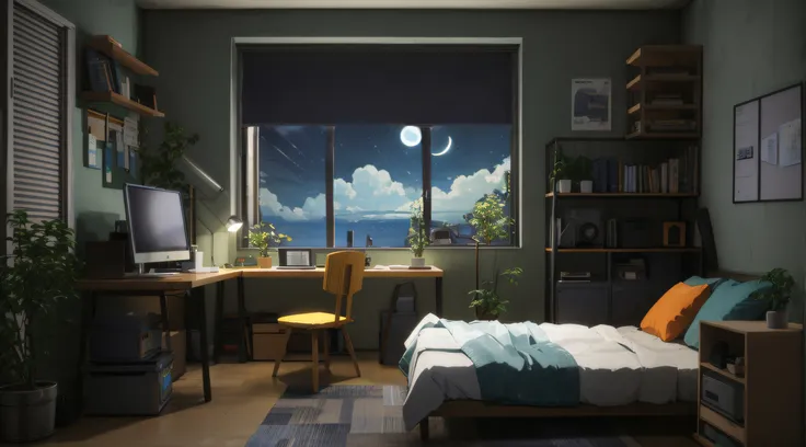 , high quality. fullscreen. window with sky, at night, with moon