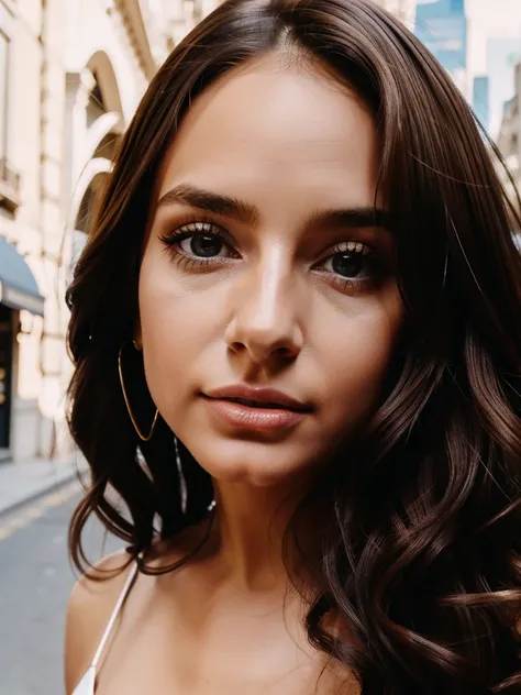 Sexy woman, Albanian, 30 years, cute, neat face, detailed, natural soft light, small neat nose, neat plump lips, big eyes, brown eyes, Alice Milano, long hair, curly hair, natural shine, chocolate hair, portrait, focus on face, gorgeous, city girl,western,...