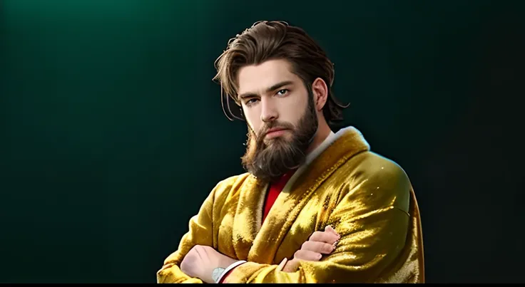 The man is dressed in a green and gold robe with his arms crossed, 1boy, male focus, facial hair, 独奏, blue eyes, beard, crossed arms, looking a viewer, Jewelry