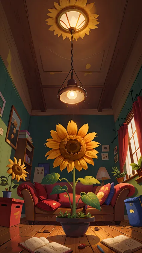 SunFlower in the living room, night, dark