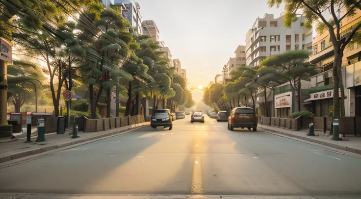 The car was driving on a street overgrown with tall trees, photograph of the city street, Chinese big breasts, street, the city street, beijing, single street, City, in city street, the photo shows a large, Riverside, empty streetscapes, street top view, i...