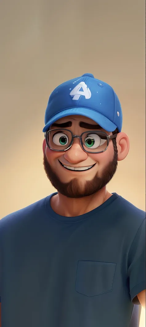 Estilo pixar (best quality,Realistic),(retrato),(oil painting),(barba detalhada,olhos azuis detalhados,sorriso sutil),(camiseta preta),medium brushstrokes,subtle lighting,fundo neutro