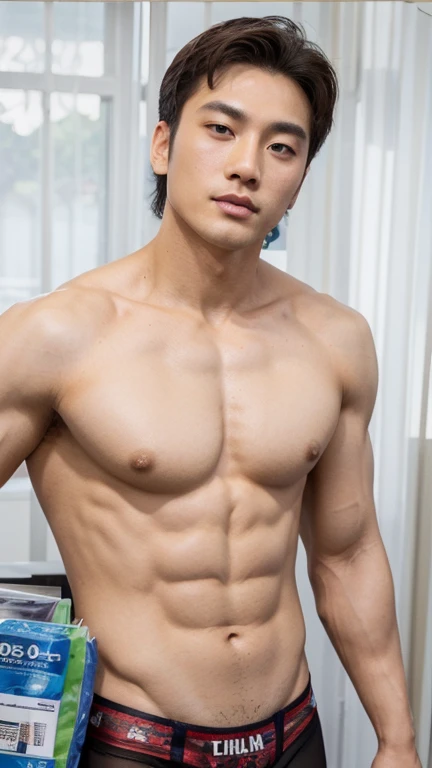 Masterpiece, Best Quality, Solo, Korean Men, bodybuilder, Muscular body, big muscle, Natural eyes, Short and delicate hair, Sexy Man, looking up at viewer, Triangle Mens Swimwear, large bulge, erection, legs open, Muscular posture