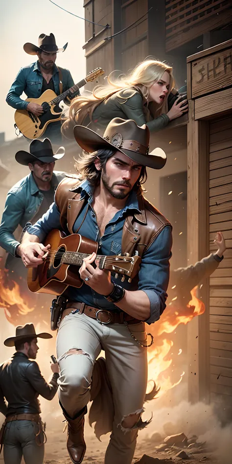 action poster for "Kevin McCrees Wild West Show Down" guitar showdown with dancing cowgirls,  Saturday Night Live Music hecis a handsome blonde cowboy hero --auto --s2