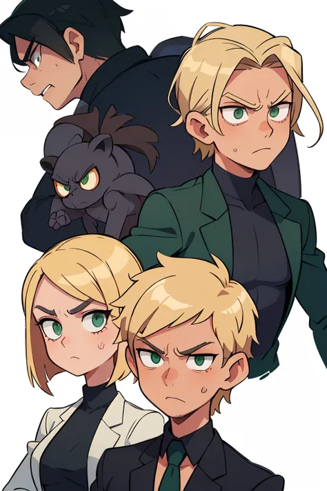 ((beste-Qualit, tmasterpiece)), 1guy, A black turtleneck over a white shirt,Green Tie,blonde man, Loose,Green eyes,Angry look, whitebackground