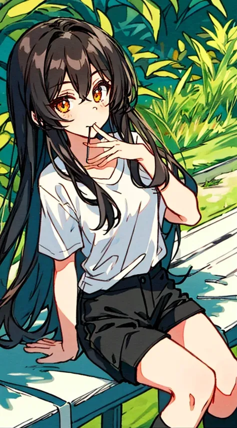 Hori Kyouko, 1 girl, black shorts, black tights, brown hair, mouth closed, white t-shirt, simple t-shirt, hair between eyes, hand up, casual clothing, long hair, looking at viewer, orange eyes, street clothes, t-shirt , sitting, shorts, alone, flirtatious ...