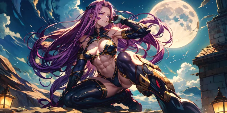 (shaded face:1.2), hollow eyes, purple eyes, looking at viewer, heavy breathing, smirk, uppert teeth, MedGorg, purple hair, long hair, breasts, 1girl, moon, thighhighs, solo, full_moon, night, abs, thigh_boots, gloves, boots, elbow_gloves, sky, cloud, nigh...