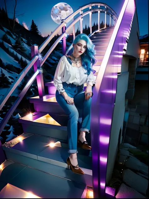 Beauty on the edge of the slope, in jeans and blouse with blue hair, Great Violet Moon, Super Epic Photography, beste-Qualit