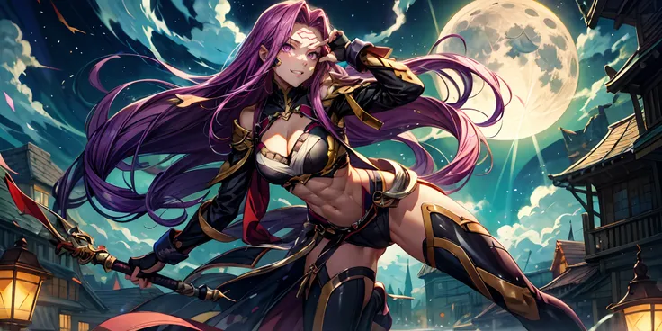 (shaded face:1.2), hollow eyes, purple eyes, looking at viewer, heavy breathing, smirk, uppert teeth, MedGorg, purple hair, long hair, breasts, 1girl, moon, thighhighs, solo, full_moon, night, abs, thigh_boots, gloves, boots, elbow_gloves, sky, cloud, nigh...