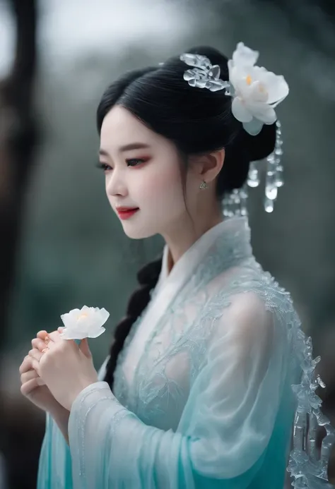 (ice - carving:1.4),Movie Angle,(Cute ice sculpture girl,Anatomically correct,full bodyesbian,Masterpiece ice sculpture camellia,Representative work Hanfu,Smile)