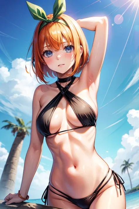 Yotsuba Nakano, bangs, Short hair, Blue eyes, hair between eye, Hair ribbon, shairband, Orange hair, Green Ribbon, Bikini, Sling_Bikini_Top