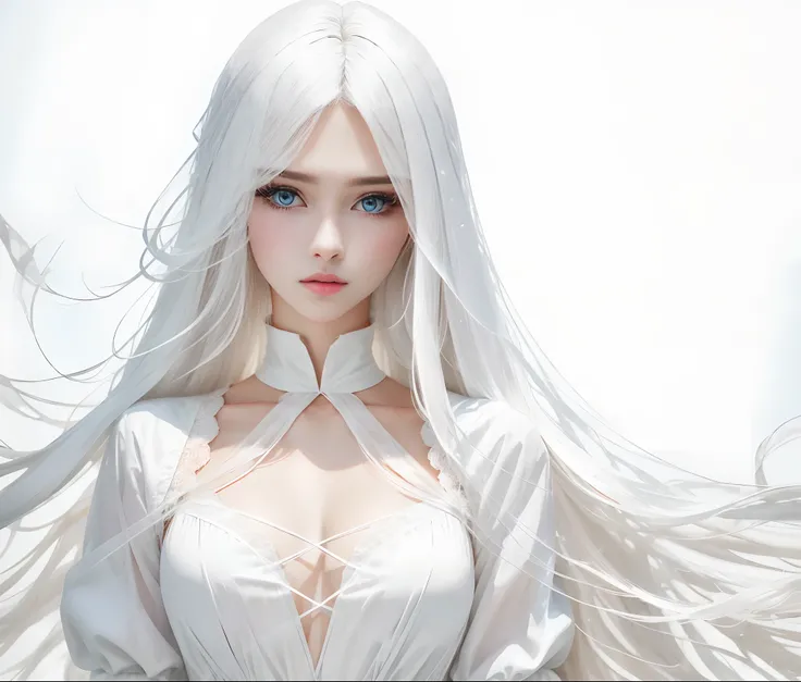 Pure white　Restrained on the cross　long white hair　White and transparent clothes　Bust that looks like it is about to tear