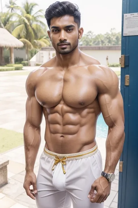 Masterpiece, Best Quality, Solo, desi bangla Men, bodybuilder, Muscular body, big muscle, Natural eyes, Short and delicate hair, Sexy Man, looking up at viewer, Triangle Mens Swimwear, large bulge, erection, legs open, Muscular posture