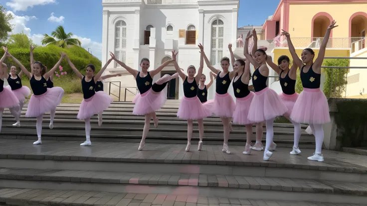 Dancers in pink tutus posing on steps in front of a building, by Beta Vukanović, Dancers, Ana Nikonova, 8k)), Polovstian dances and chorus, music sound, Fotografia tirada em 2 0 2 0, BALLET, Coreografada, competition winning, Pose tensa, Feliz!!!, Cuba, Gi...