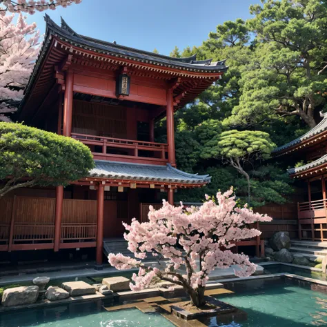 masterpiece, a photography of a building with a bunch of pink flowers in front of it, by Torii Kiyomasu, flickr, sōsaku hanga, an altar of a temple, kodak portra 4 0 0, sakura tree in background, high-end onsen, intricate details, cinematic light, godrays,...