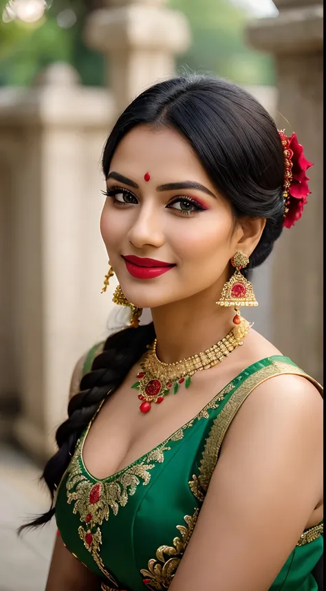 a close up of a woman in a red and green outfit, traditional beauty, traditional makeup, dramatic smile pose intricate, with pro...