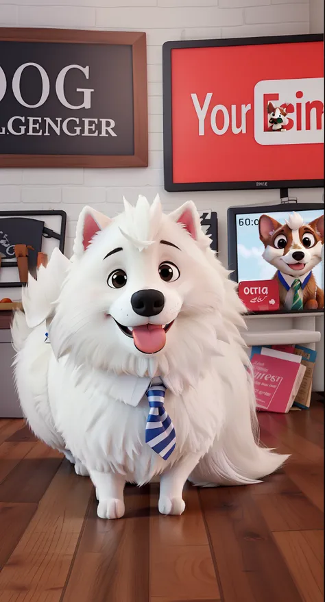 A white male spitz dog with a tie.