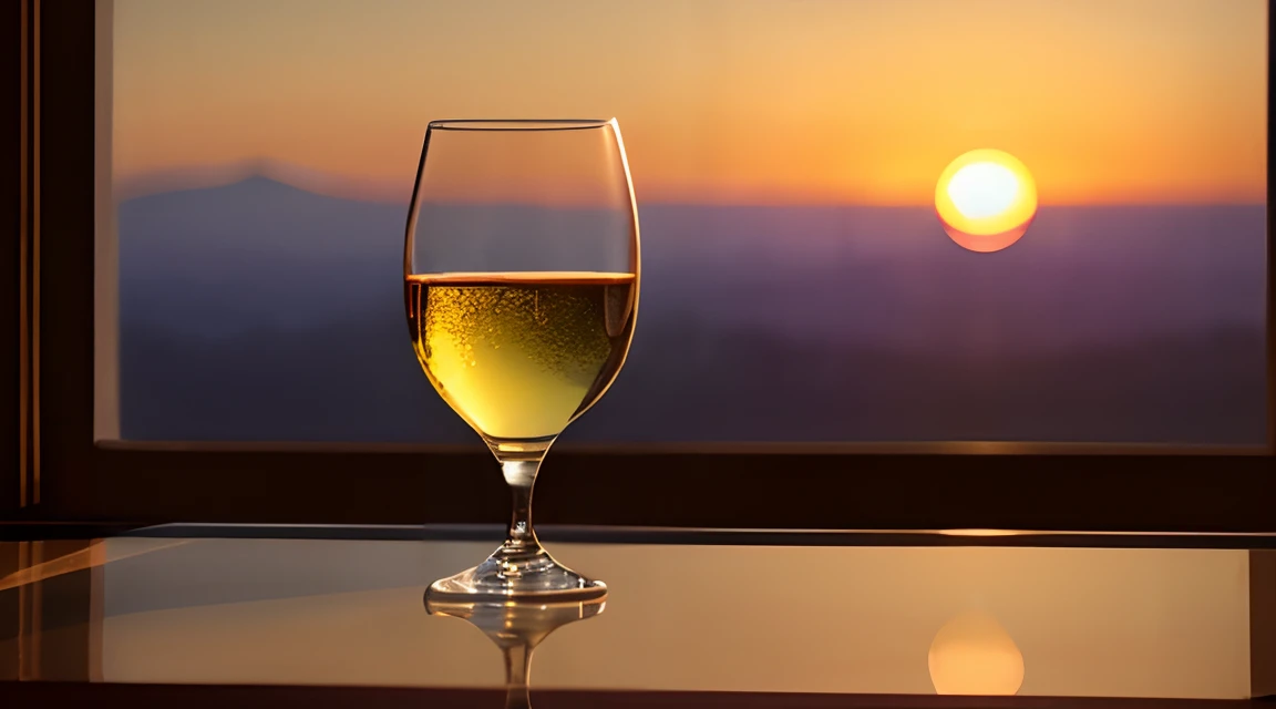 A wine glass sits on a window sill, capturing a breathtaking view of a blurred sunset. The scene depicts a serene atmosphere, with vibrant hues painting the sky. The glass glistens in the soft light, its delicate reflection mirroring the beauty outside. It...