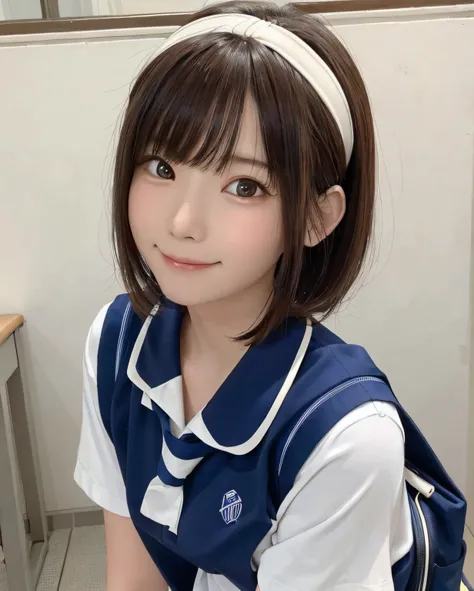 (​masterpiece,top-quality,超A high resolution),A Japanese Lady, Very beautiful 11 year old girl, Ubu no Girl、(Perfect limbs、perfect anatomia),((Bob Hair,Hair Band)).Cute sailor suit、Sailor suit with short sleeves、Navy blue skirt、Pure white、Beautiful skin、Mo...