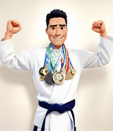 Japanese man, kimono branco e faixa preta, Sports medals hanging around the neck, igual aos filmes Disney Pixar