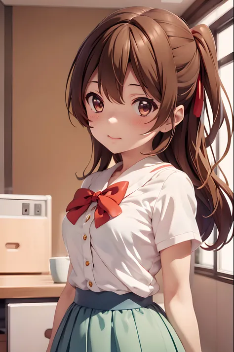 Anime girl with brown hair and bow tie, sayori, Wallpaper!, in style of kyoto animation, teens girl, closeup Iwakura Lain, aya takano color style, chihiro! fujisaki, Makoto, Anime visuals of cute girls, iwakura lain, nyaruko-san, suzumiya haruhi