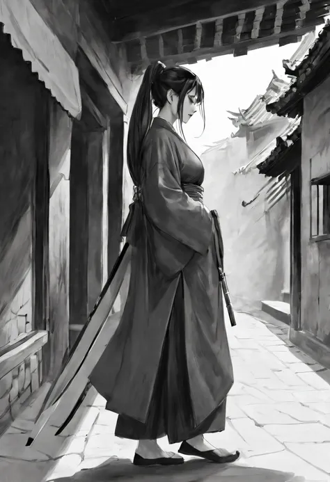 Best Masterpiece，1girll，独奏，unbelievable Ridiculous，Girl，swordsmen，Ancient wind，Hanfu，the street，exteriors，Sateen，neonlight，Light smile，hijabi sluty，hands in a pocket，Look elsewhere，From the side Side，Line drawings，Mono Color，，(character sketch:1.1)，(charco...