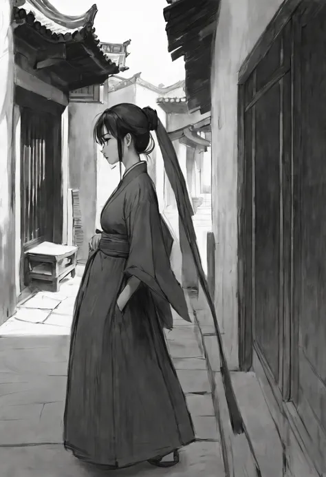 Best Masterpiece，1girll，独奏，unbelievable Ridiculous，Girl，swordsmen，Ancient wind，Hanfu，the street，exteriors，Sateen，neonlight，Light smile，hijabi sluty，hands in a pocket，Look elsewhere，From the side Side，Line drawings，Mono Color，，(character sketch:1.1)，(charco...