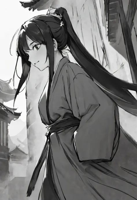 Best Masterpiece，1girll，独奏，unbelievable Ridiculous，Girl，swordsmen，Ancient wind，Hanfu，the street，exteriors，Sateen，neonlight，Light smile，hijabi sluty，hands in a pocket，Look elsewhere，From the side Side，Line drawings，Mono Color，，(character sketch:1.1)，(charco...