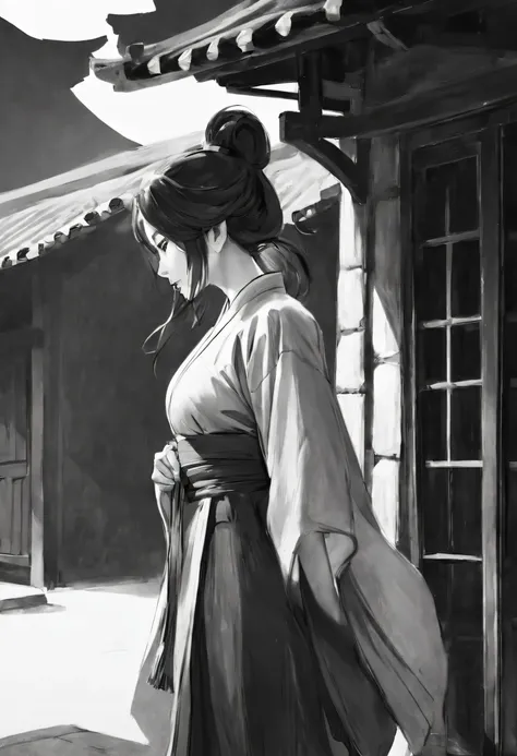 Best Masterpiece，1girll，独奏，unbelievable Ridiculous，Girl，swordsmen，Ancient wind，Hanfu，the street，exteriors，Sateen，neonlight，Light smile，hijabi sluty，hands in a pocket，Look elsewhere，From the side Side，Line drawings，Mono Color，，(character sketch:1.1)，(charco...