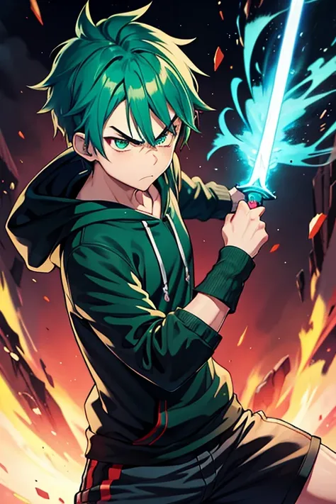 anime boy, with turquoise hair, red and green eye, angry face, black hoodie, trigger anime artstyle, an epic anime of a small strong man, best quality, 8k, fanart, fighting stance energy, flying from fired planet, sword in right hand