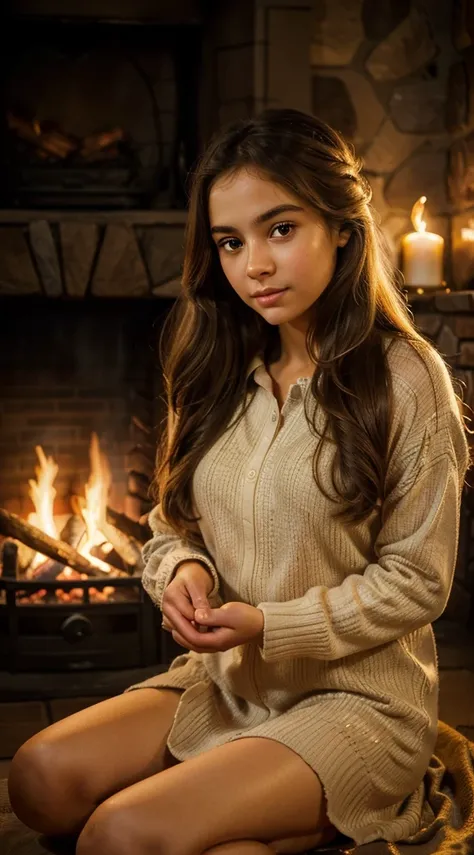 In front of a warm, crackling fireplace sits a young girl. She is enveloped in the comforting glow of the firelight, highlighting the delicate features of her face and casting a soft, golden hue on her tousled hair. The image appears to be a painting, expe...