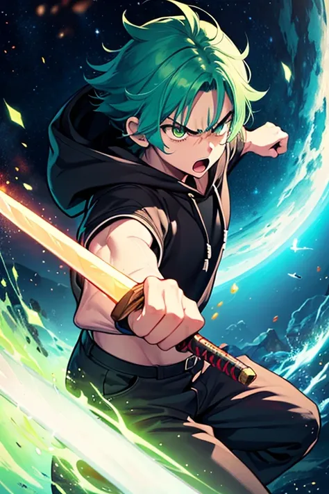 anime boy, with turquoise hair, red and green eye, angry face, black hoodie, trigger anime artstyle, an epic anime of a small strong man, best quality, 8k, fanart, fighting stance energy, flying from fired planet, sword in right hand