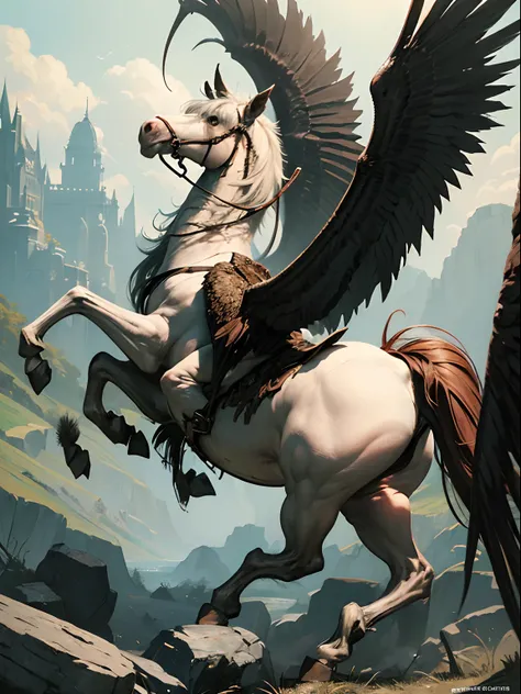 (masterpiece:1.4), (best quality:1.4), realistic, horse color white with wings, and sky atmosfere dark,shadows, battle,war and demons, background black and dugeons monsters, dark forest color greendark, with lakes red, illumination left, hd,high detalhed,b...