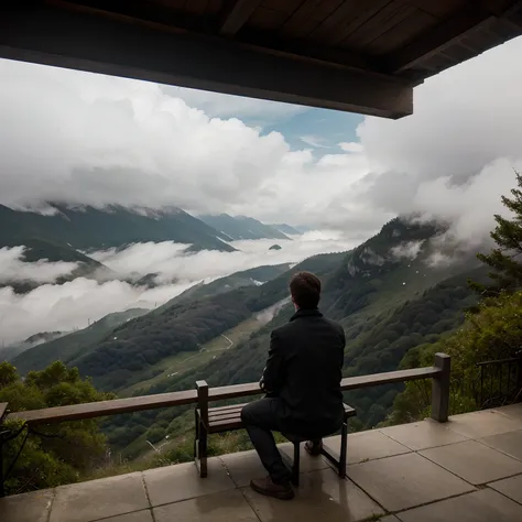 Contemplative man on bench at the edge of a mountain, Next to the clouds, Watching trees shrouded in fog, expressando serenidade.