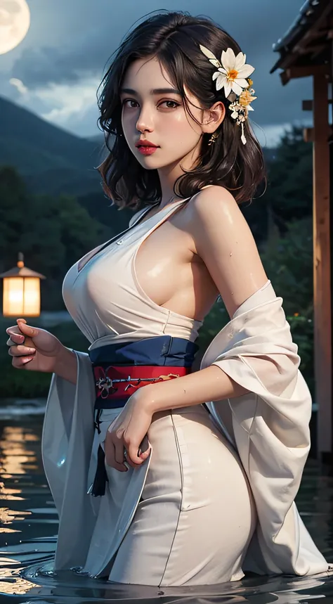 Motor irreal:1.4,UHD,La mejor calidad:1.4, fotorrealista:1.4, textura de la piel:1.4, Obra maestra:1.8,1girl, breasts, moon, lantern, night, solo, large breasts, hair ornament, wet, kimono, japanese clothes, wading, water, hair flower, flower, outdoors, sk...