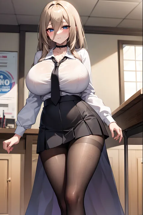 One girl, long hair, hair between eyes, blue eyes, choker, school uniform, white shirt, black necktie, mini skirt, black skirt, embarrassed, blushing, indoor, classroom, huge breasts, huge hips, waist, thigh, legs, pantyhose